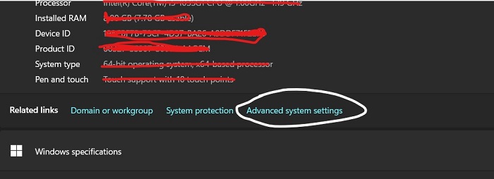 click on advanced system settings