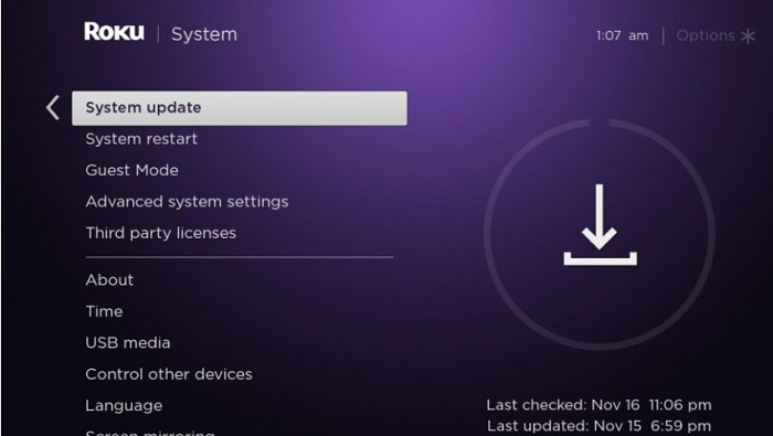 choose system update in roku