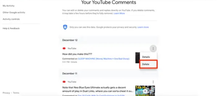 Delete comments YouTube Studio